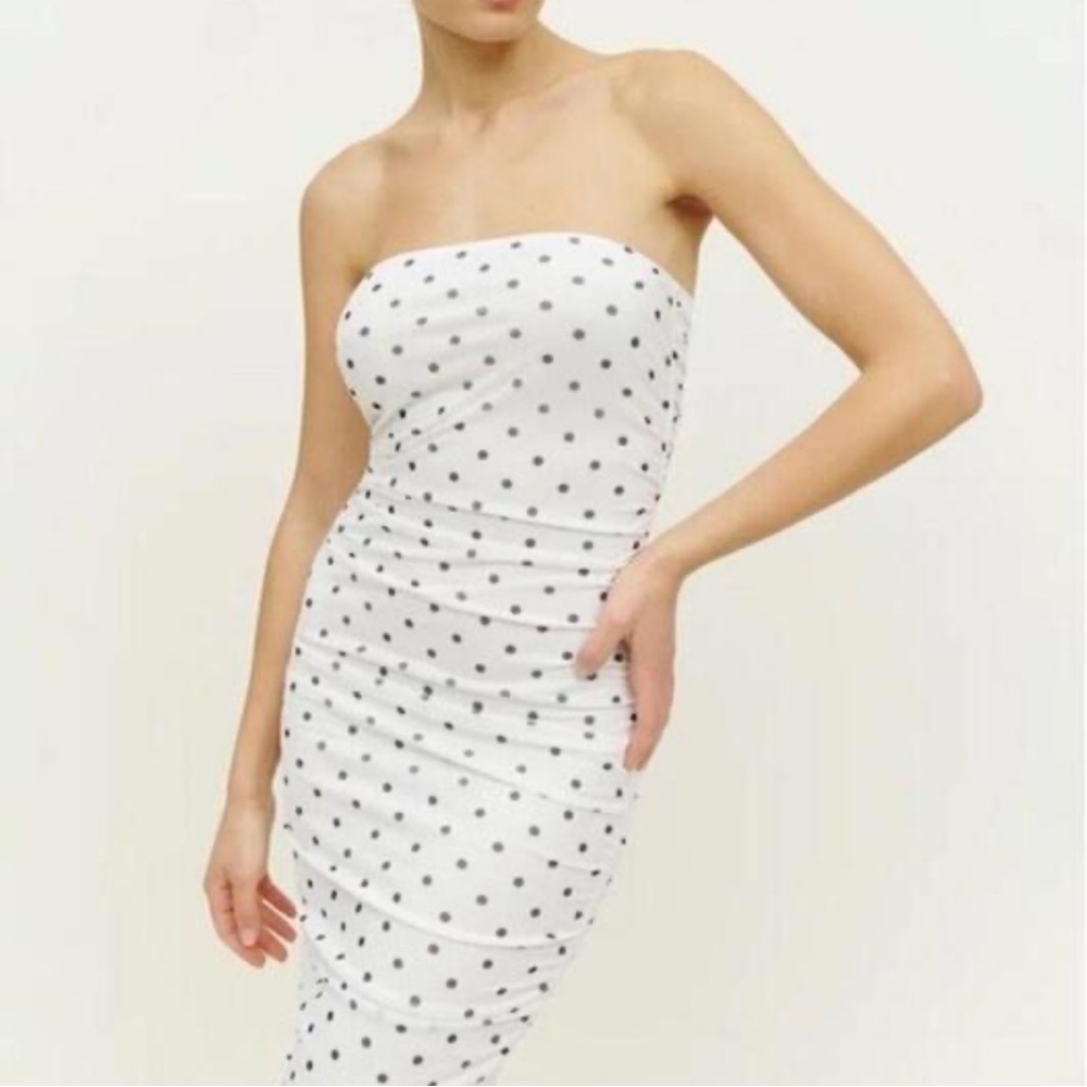 Reformation Shea Polka Dot Strapless Midi Dress